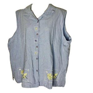 Jane Ashley Blouse Womens Size 3X Sleeveless Checks Embroidered Blue White